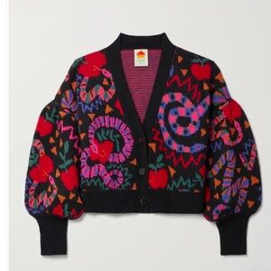 EUC - Farm Rio Jungle Snake Fruit Black Apple puff sleeve cardigan sweater